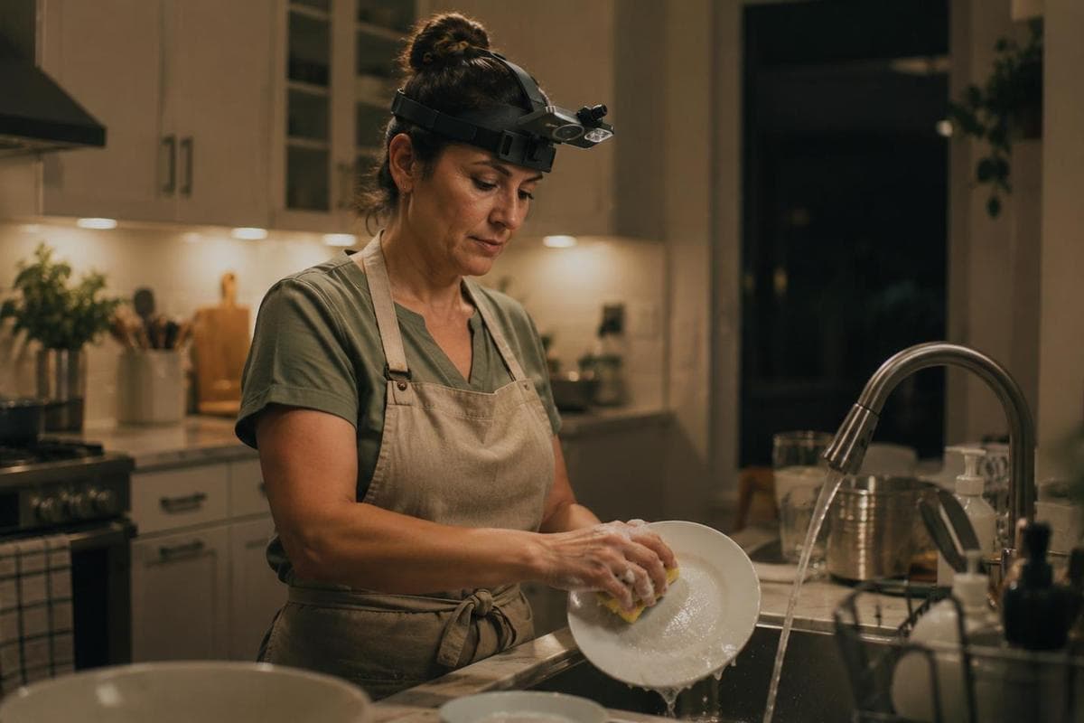 Someone wearing the Shift headset while washing up at home