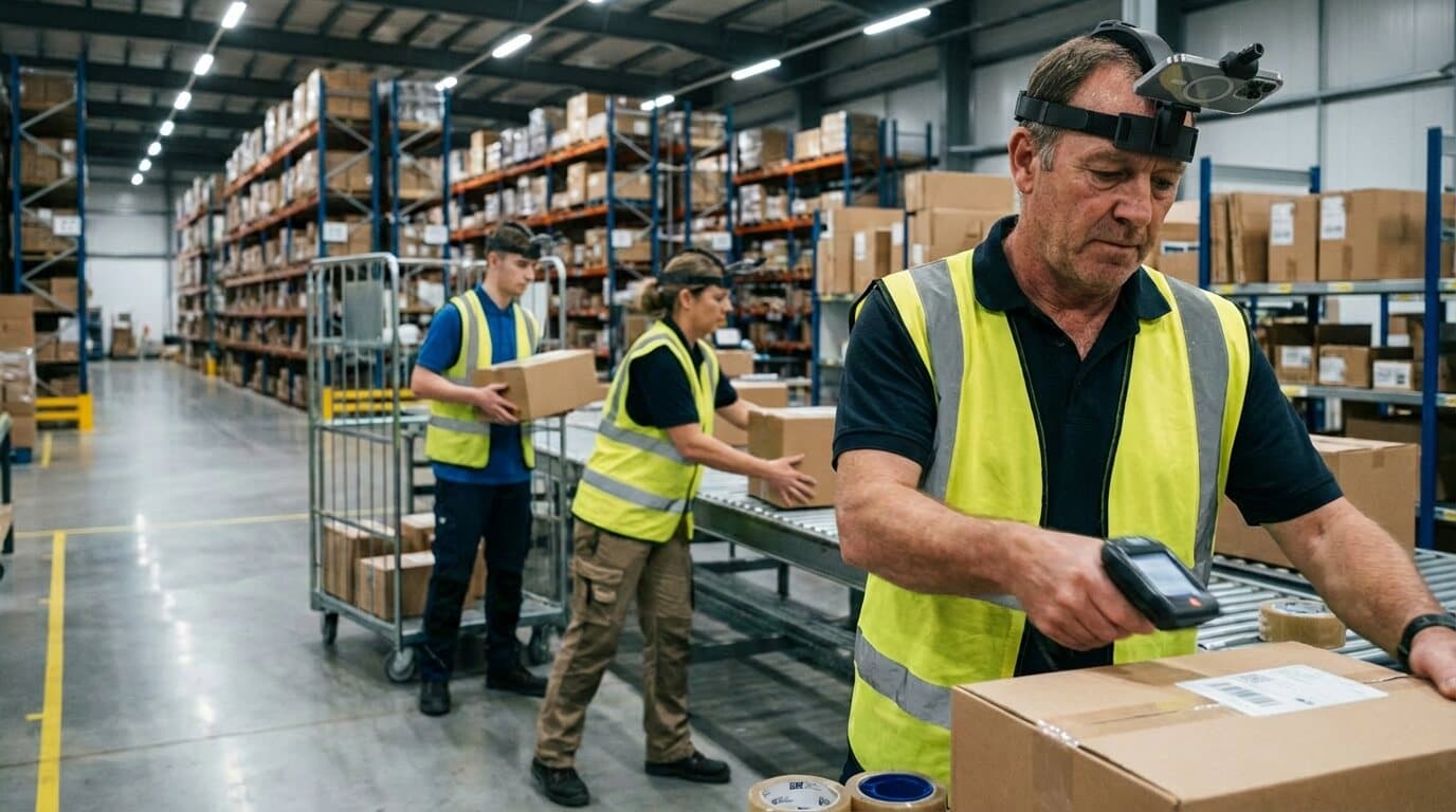A warehouse worker wearing the Shift headset while handling a parcel